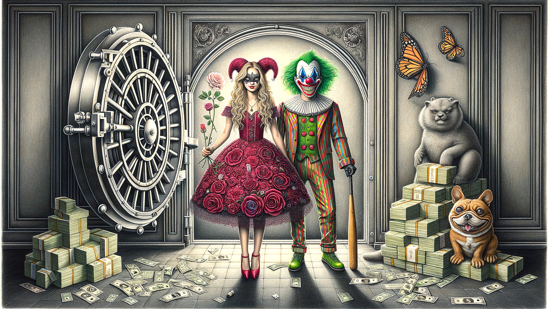 Whimsical Scene with Woman, Clown, and Wealth Elements