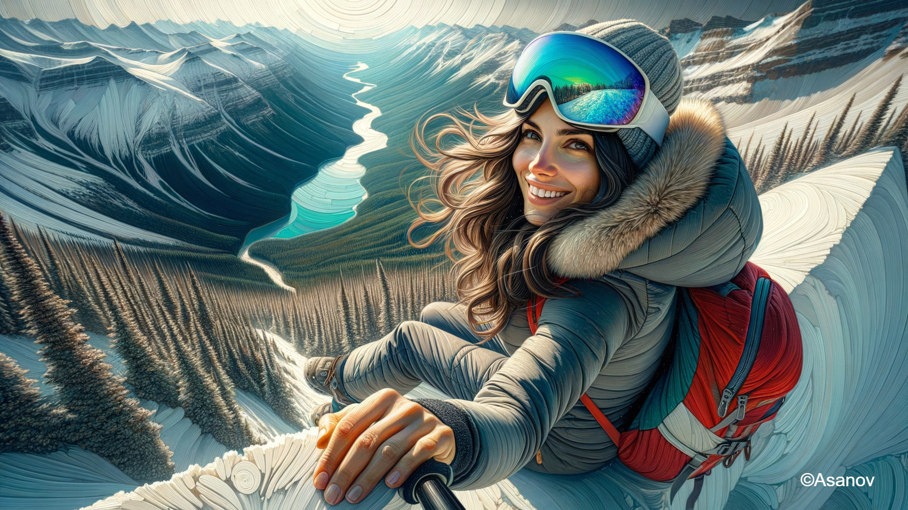 Woman on Snowy Mountain Peak with Scenic Valley View