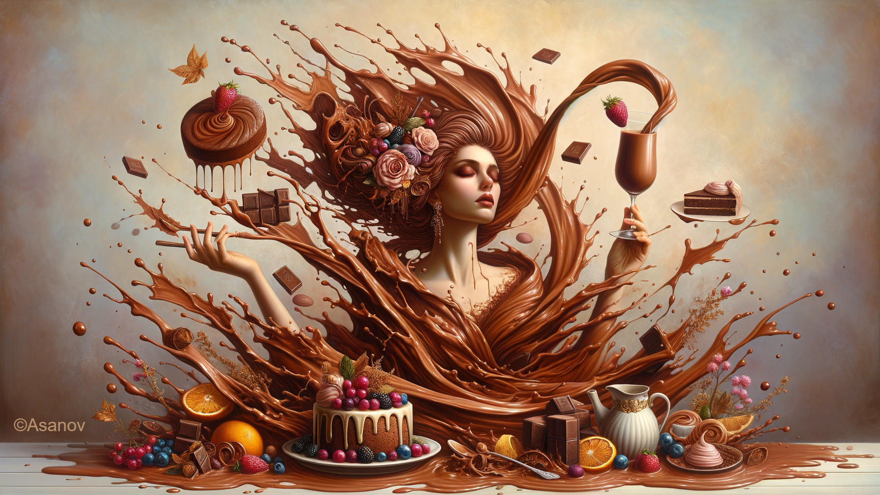 Chocolate Cascade with Flowers and Desserts Display