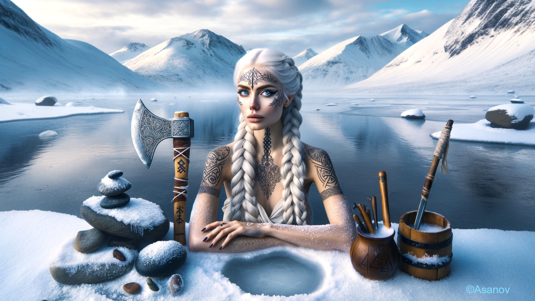 Figure in Frozen Landscape with Tribal Tattoos and Tools