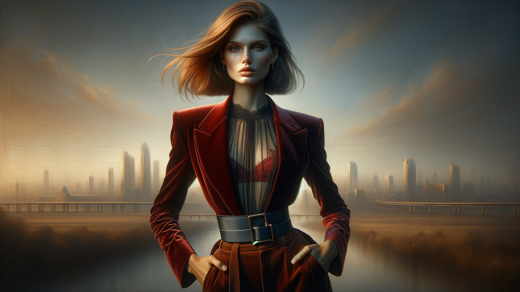 Model in Burgundy Suit Against Sunset Cityscape