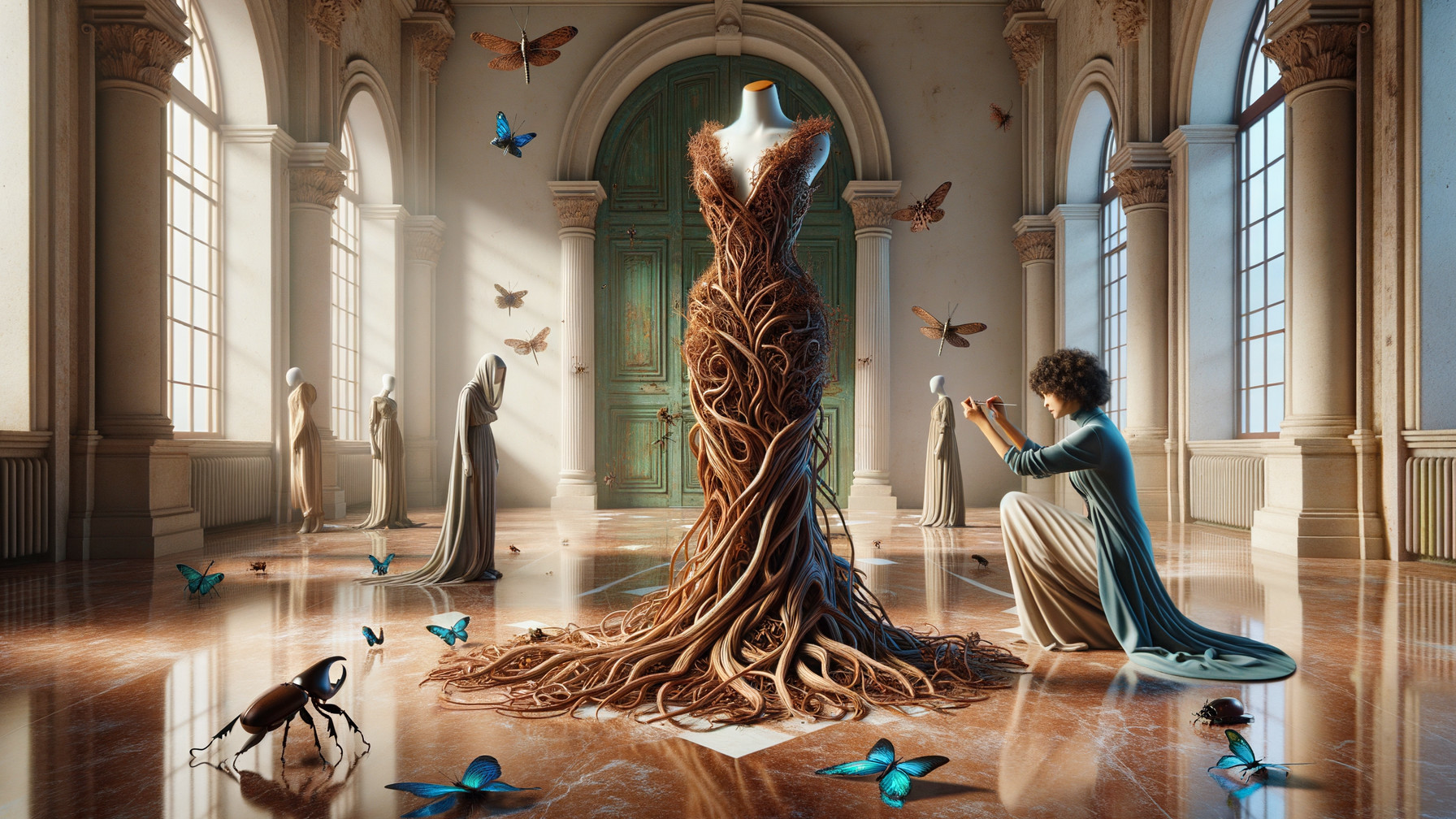 Dress Made of Roots in Sunlit Hall with Creatives