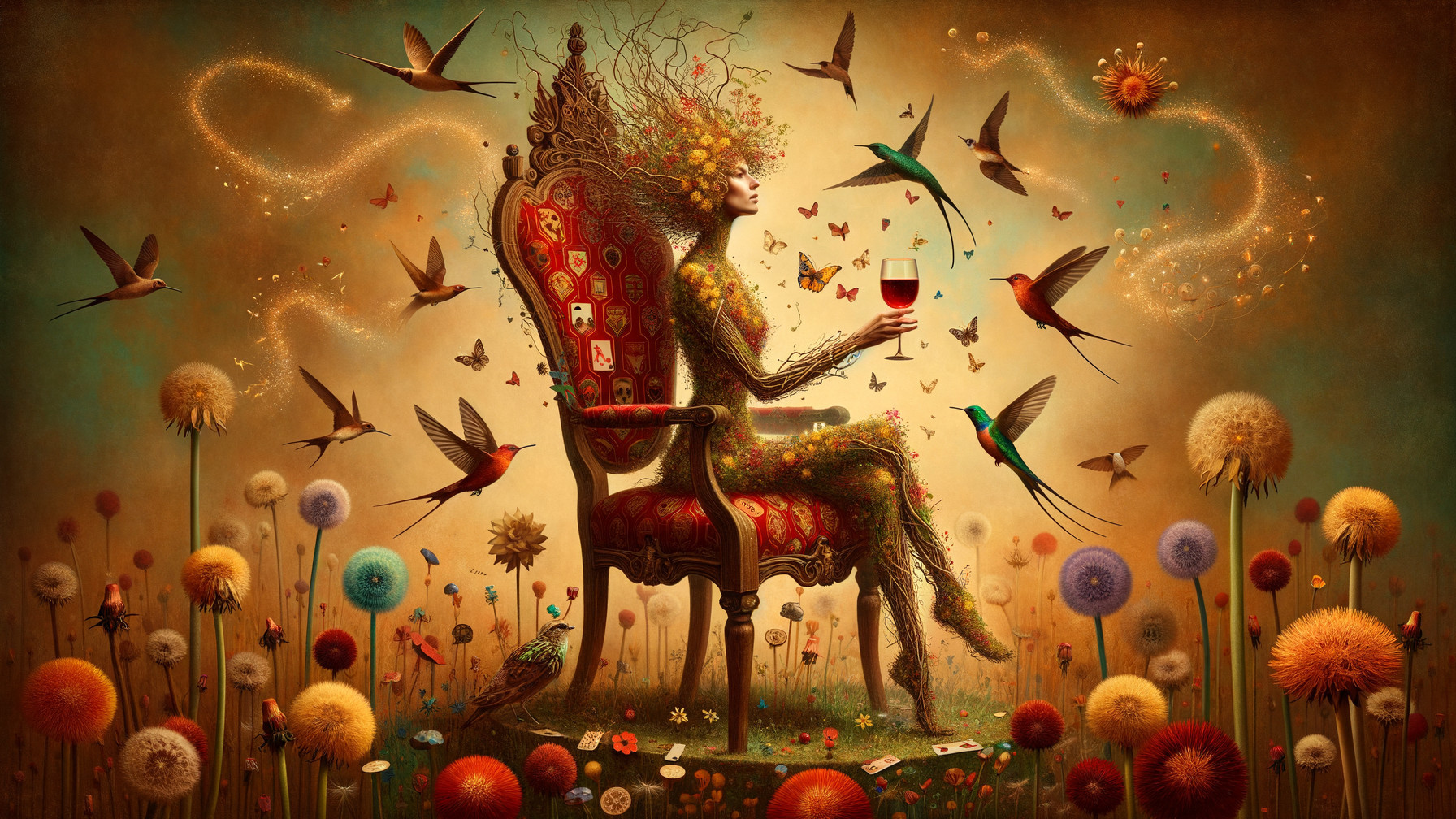 Mystical Figure in Nature-Inspired Setting with Flowers