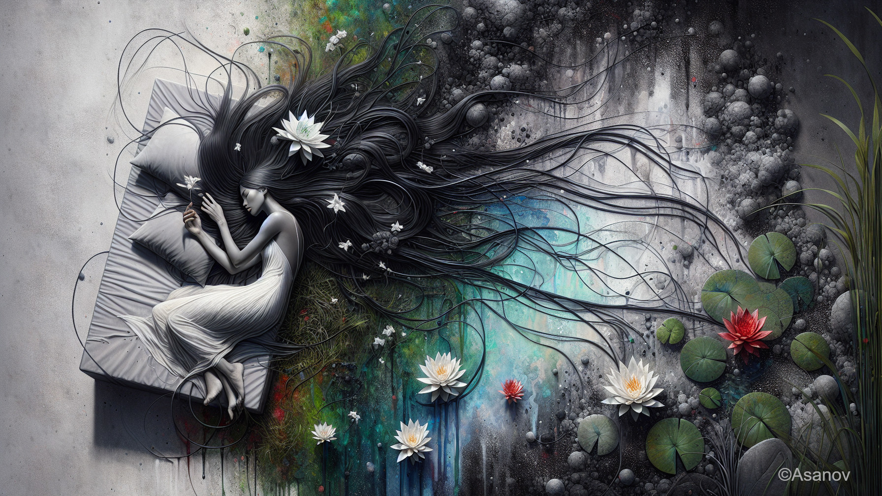 Serene Woman on Bed with Flowers and Abstract Background