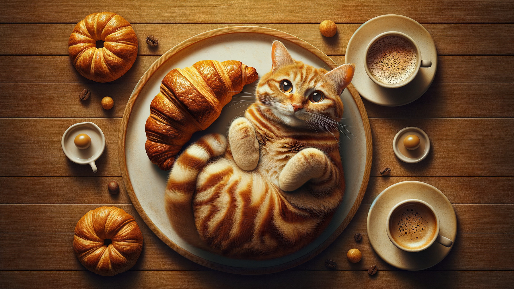 Ginger Cat Curled on Plate with Pastries and Coffee