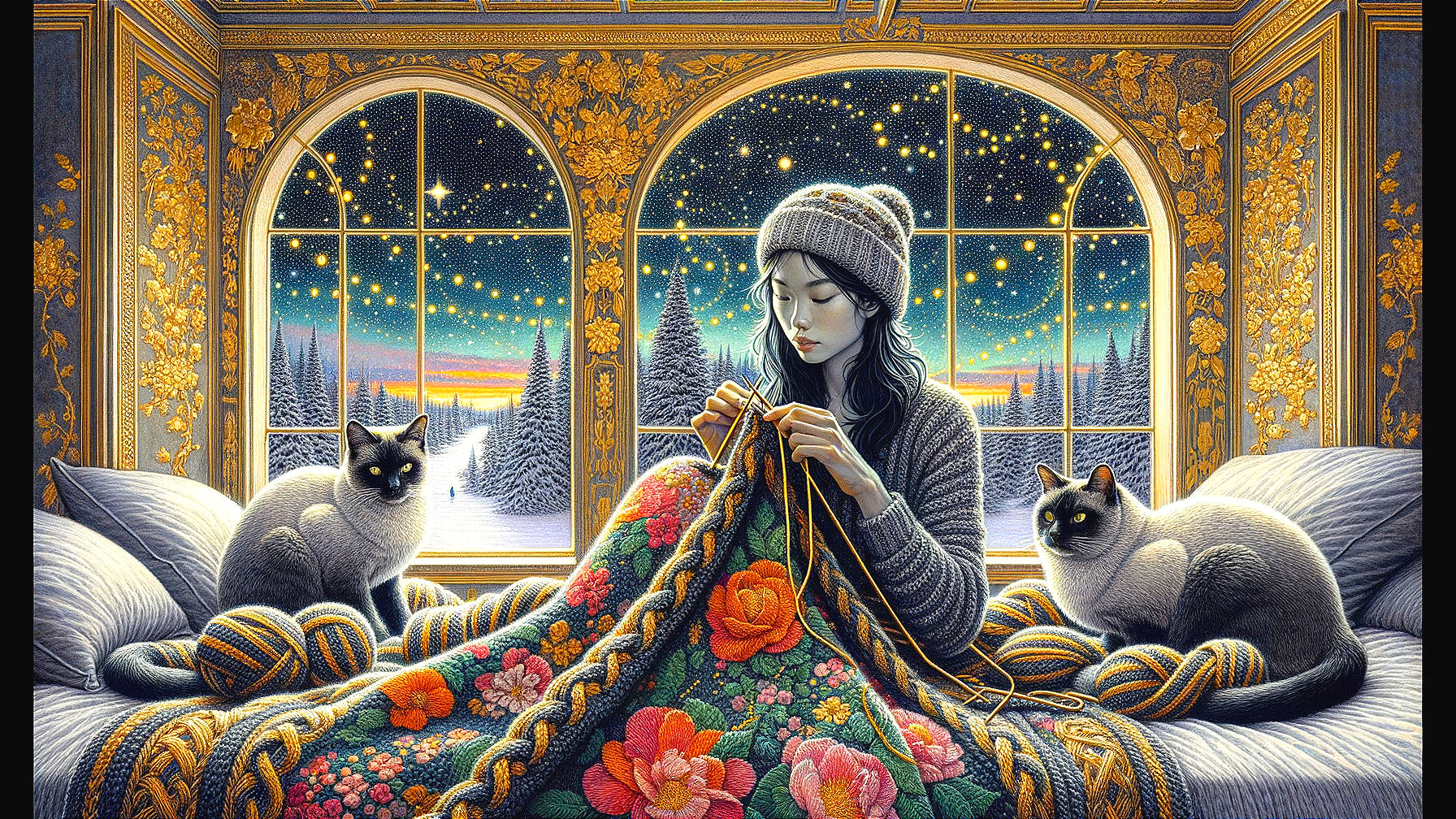 Cozy Room with Knitting Woman and Winter Landscape