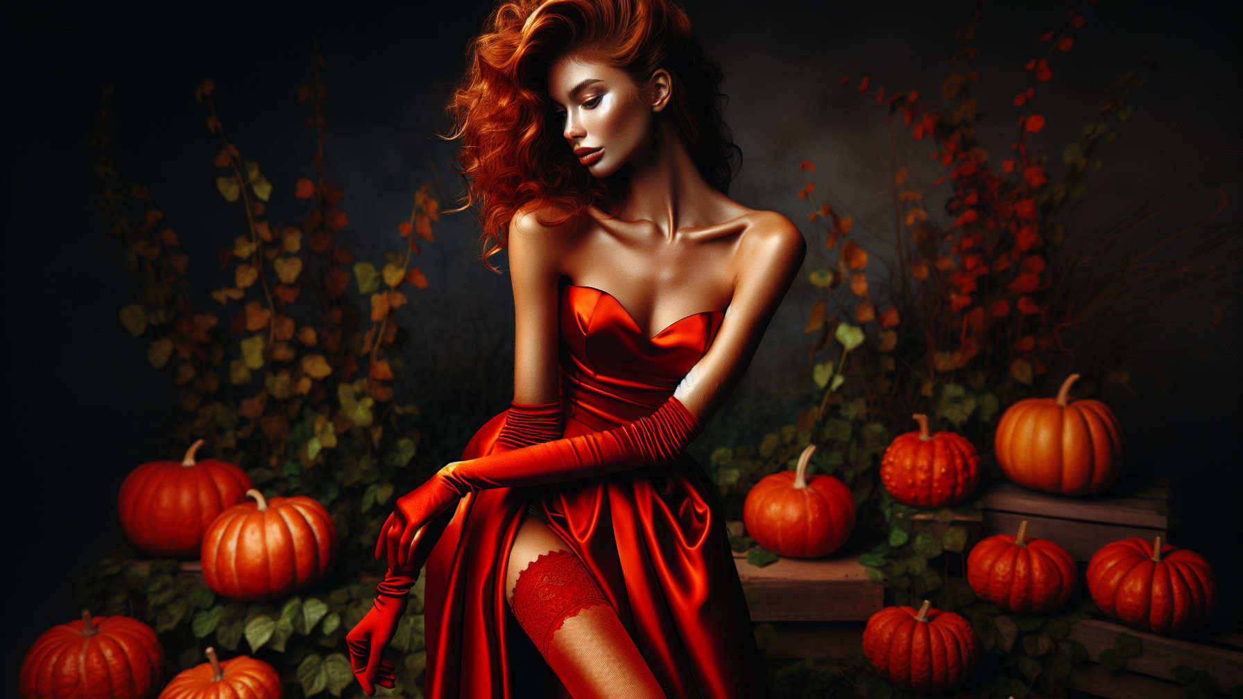 Elegant Model in Red Dress Surrounded by Autumn Foliage