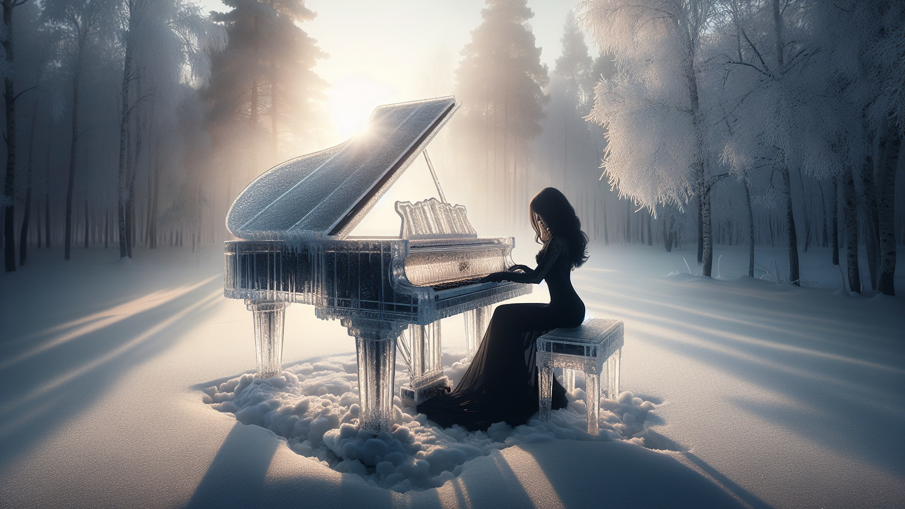 Winter Landscape with Woman Playing Icy Grand Piano