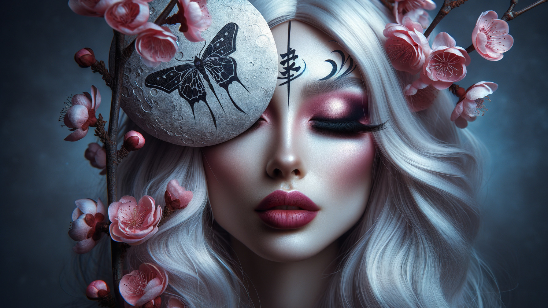 Close-up of a woman with silver hair and cherry blossoms