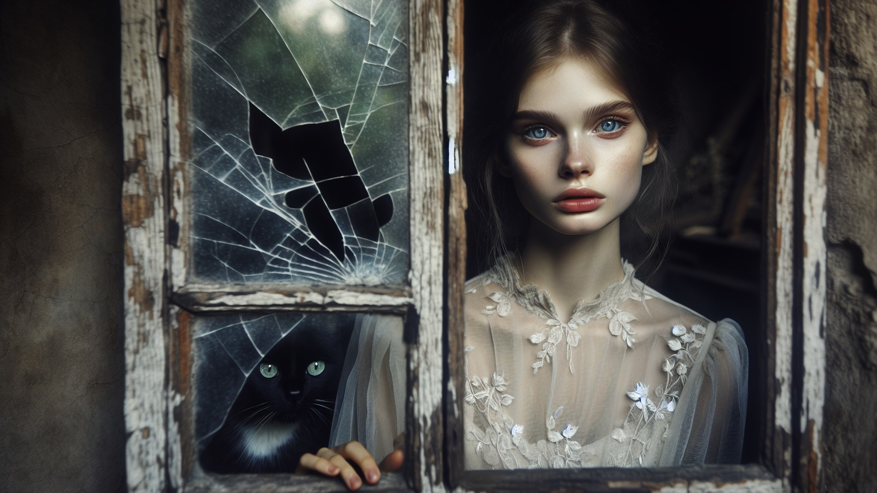 Young woman with blue eyes by a shattered window