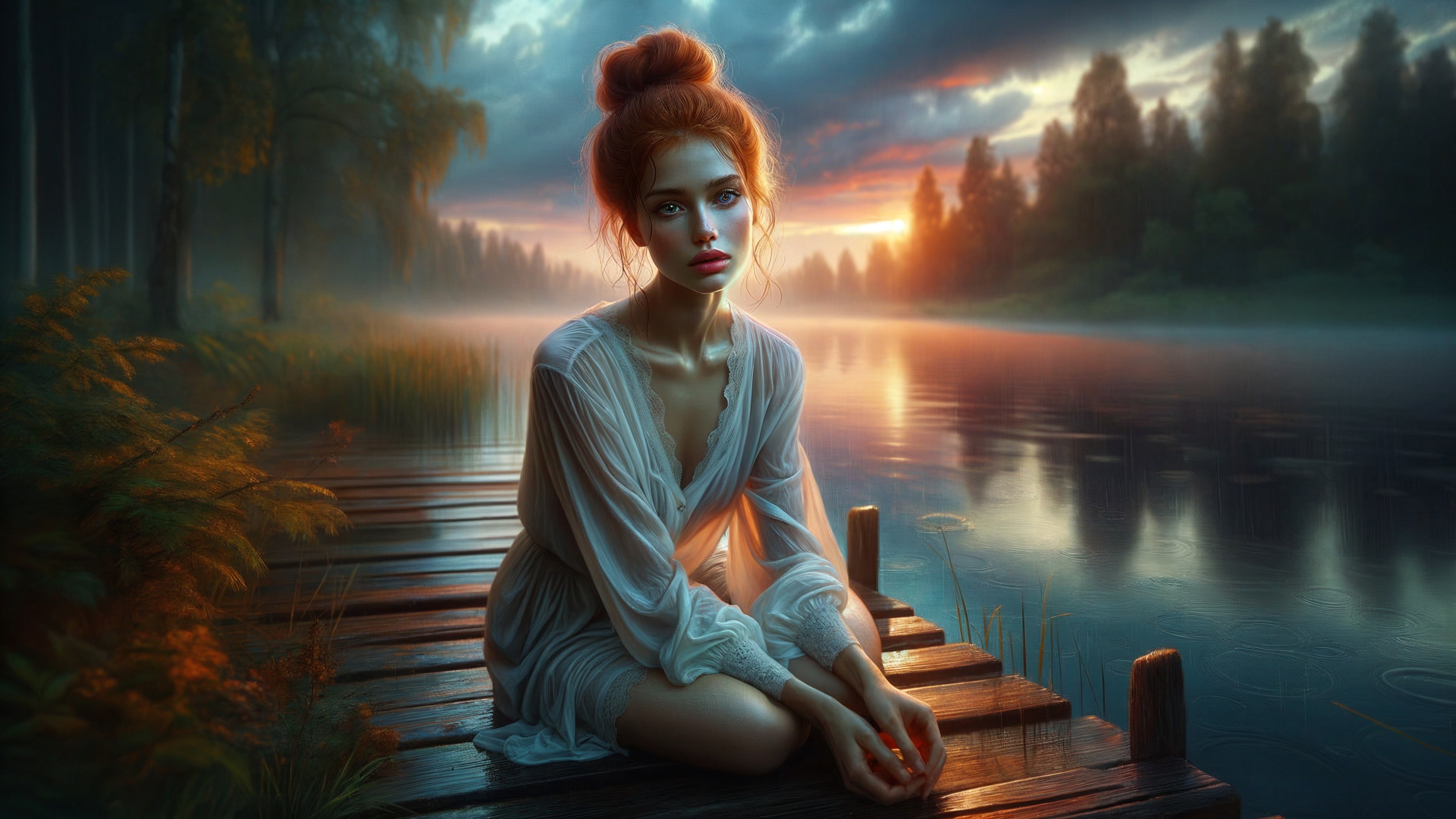 Young woman by serene lake at sunset on wooden dock
