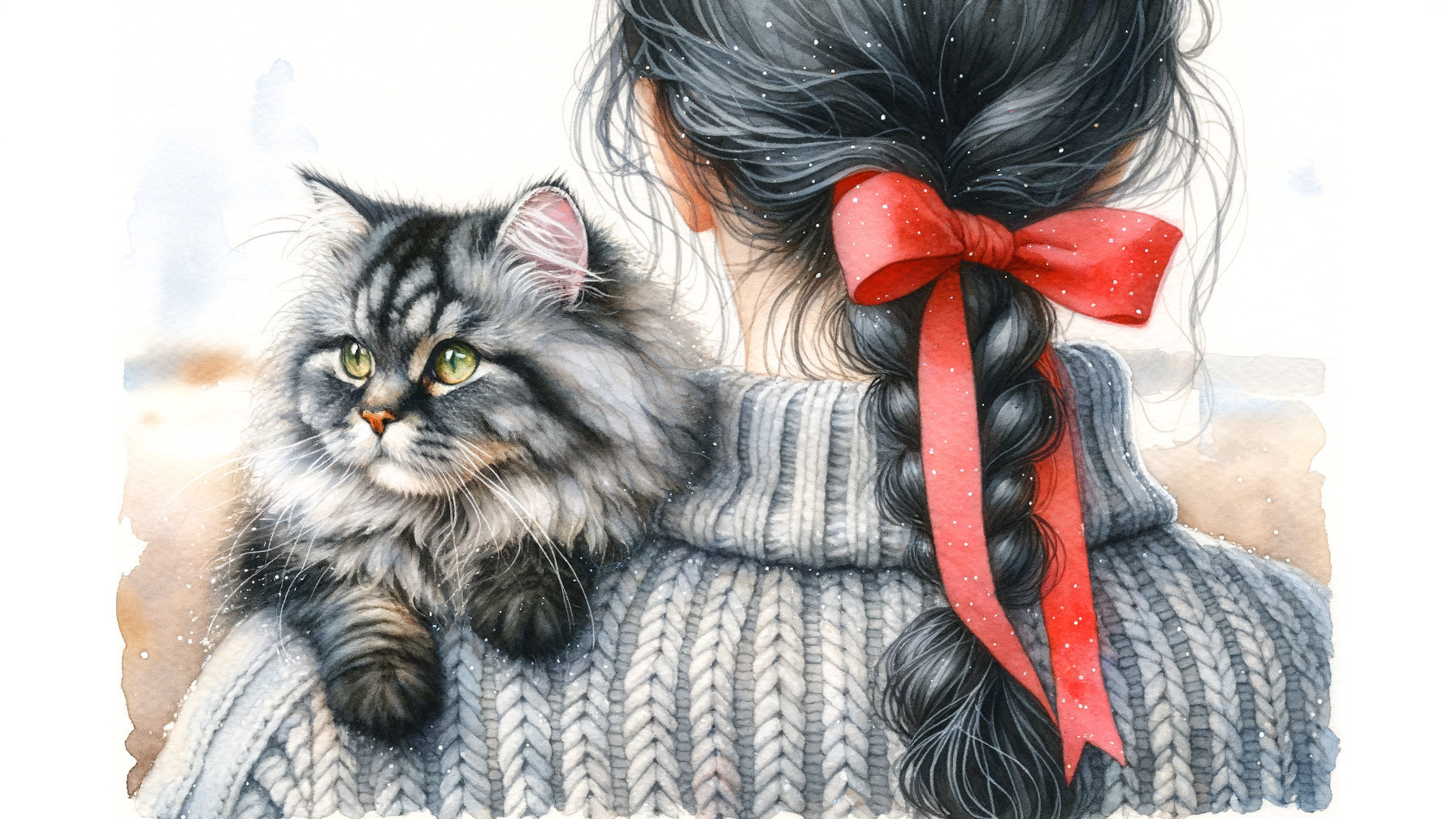 Young woman with braided hair and tabby cat illustration