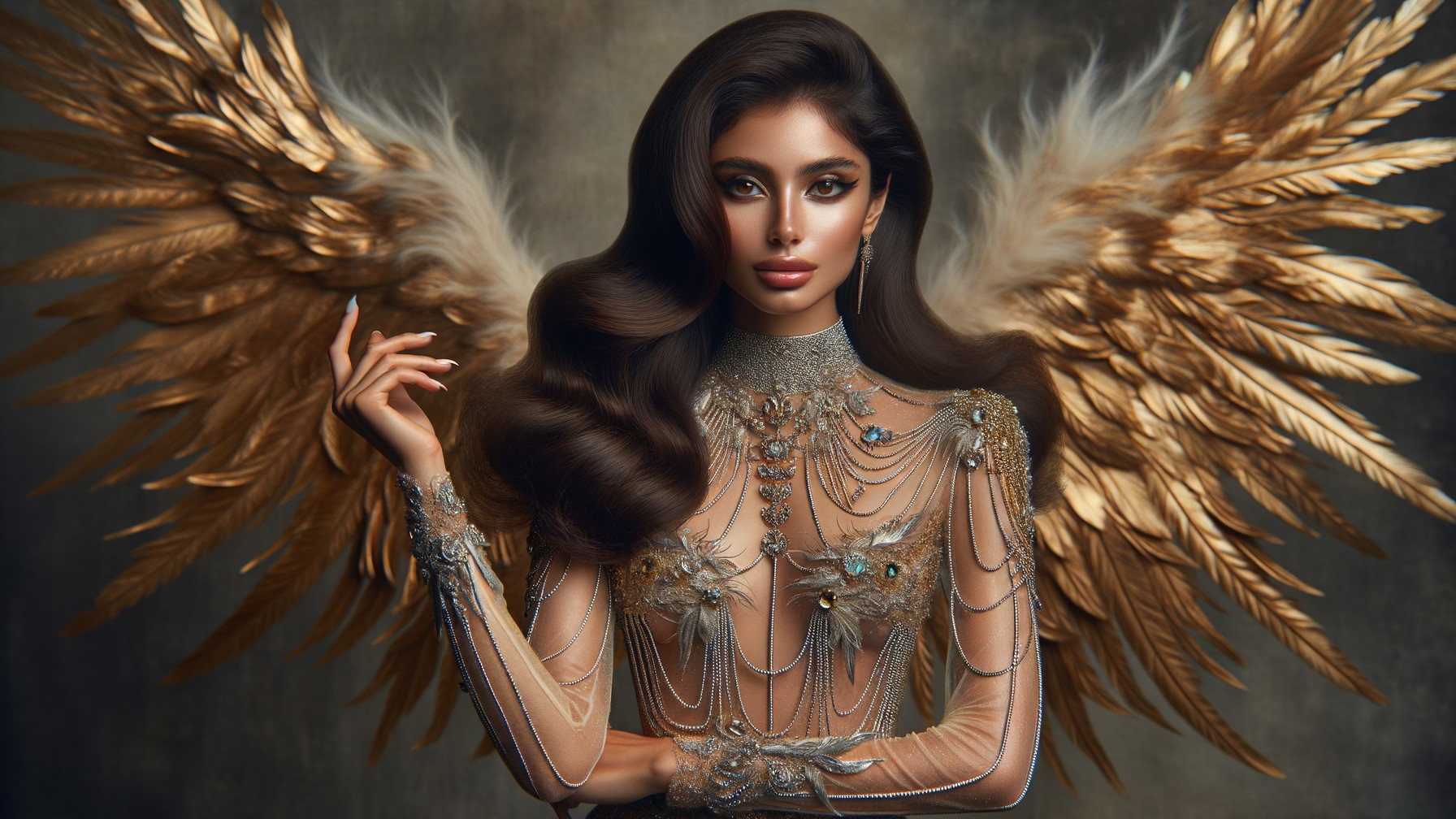 Model with Golden Wings in Glamorous Outfit