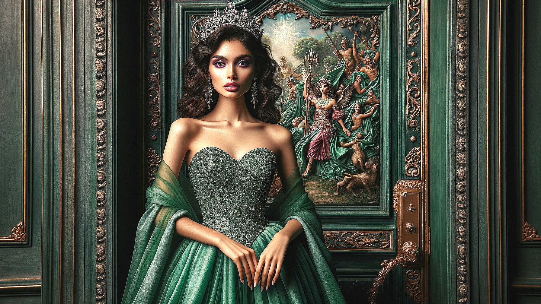 Elegant woman in luxurious green gown with crown