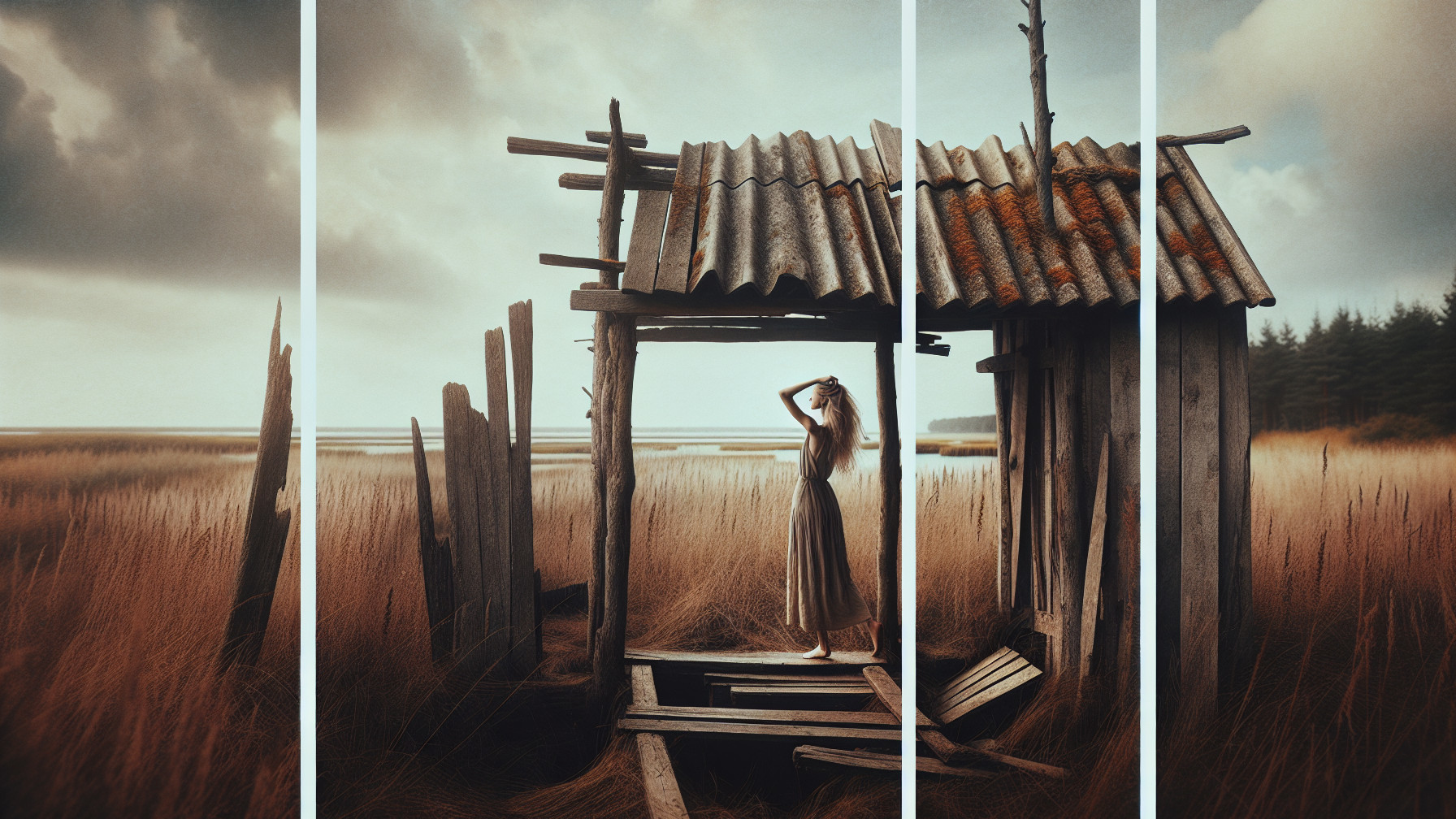 Young woman in doorway of abandoned structure