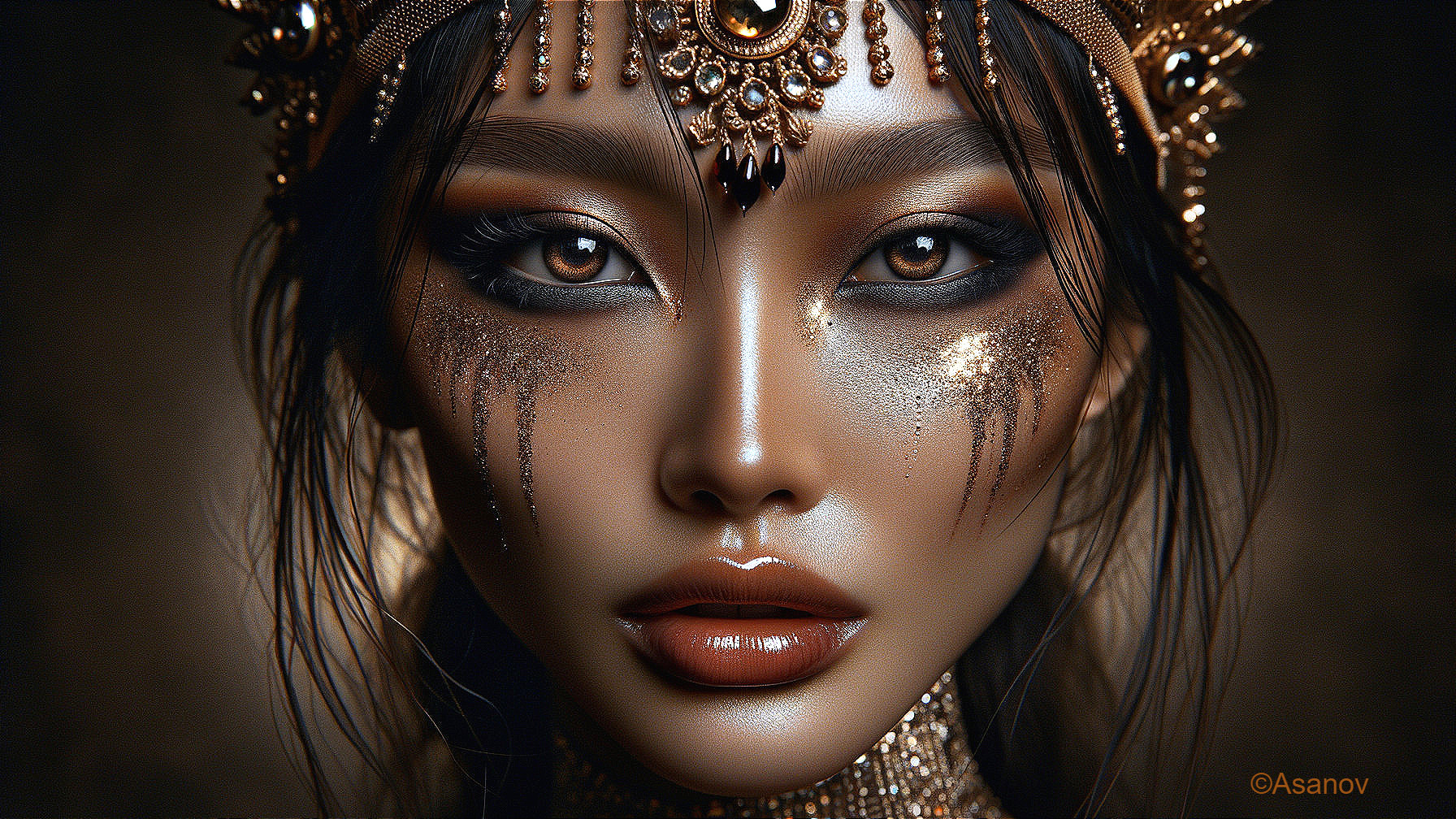 Portrait of a Woman with Bold Makeup and Jewelry