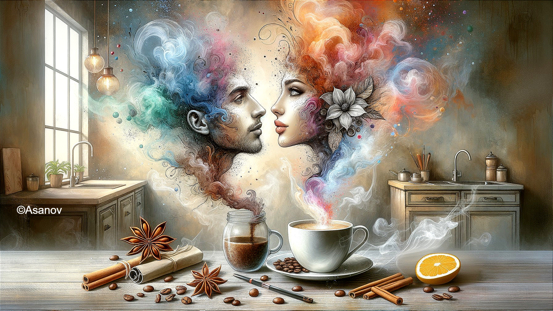 Surreal Mural in a Cozy Kitchen Scene with Coffee