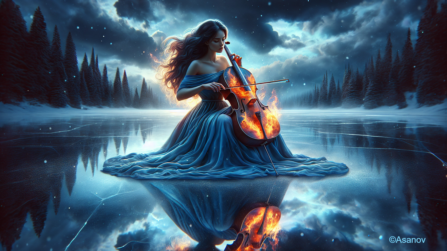 Ethereal Figure Playing Glowing Violin on Frozen Lake