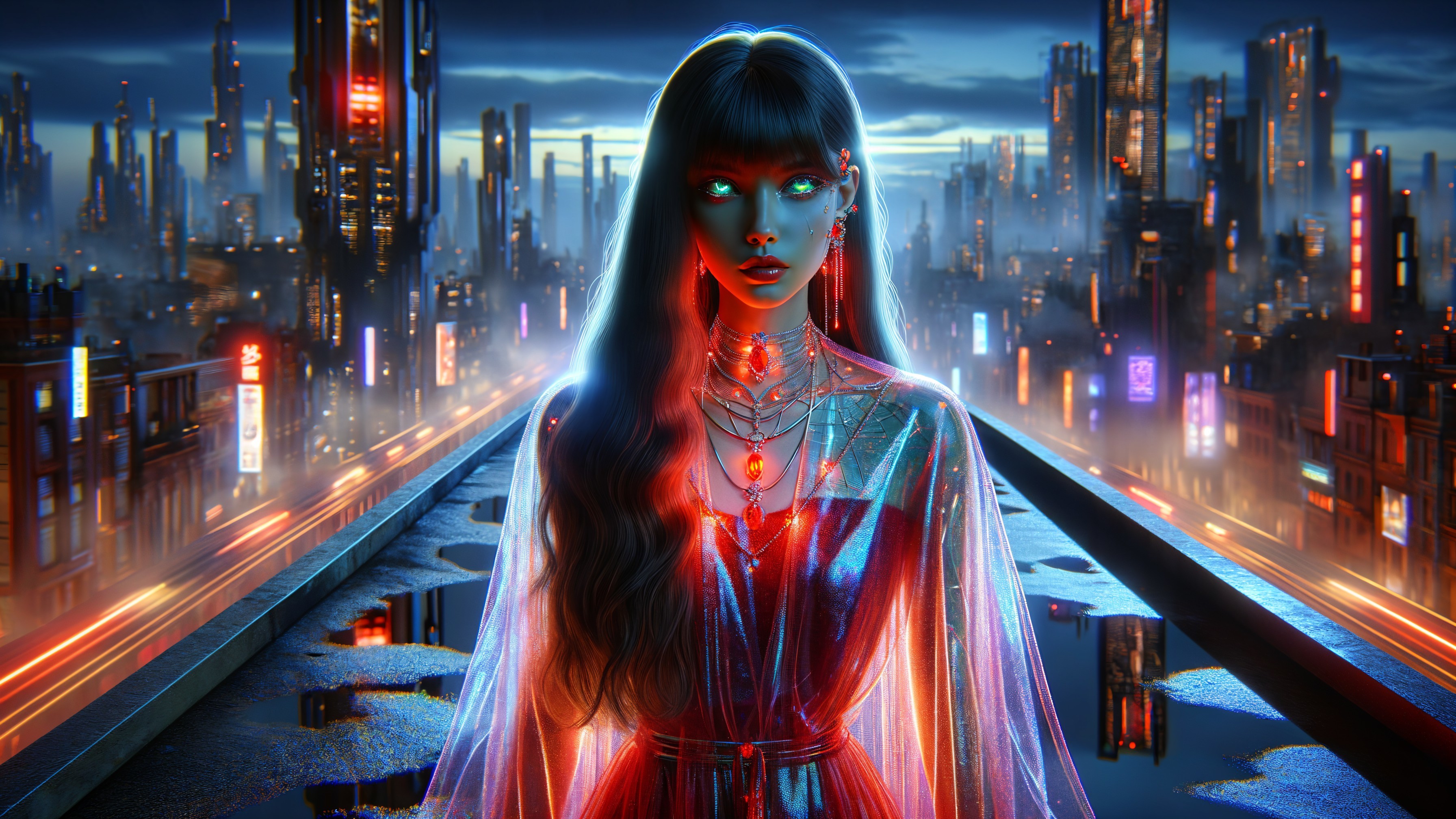 Futuristic cityscape with glowing figure in red gown