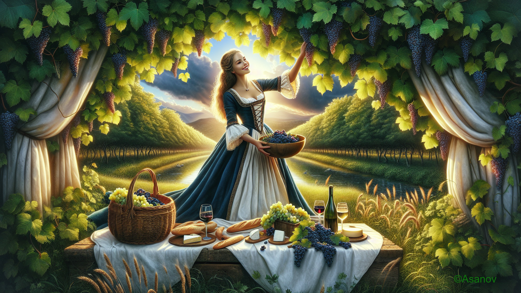 Woman in Historical Dress Harvesting Grapes in Vineyards