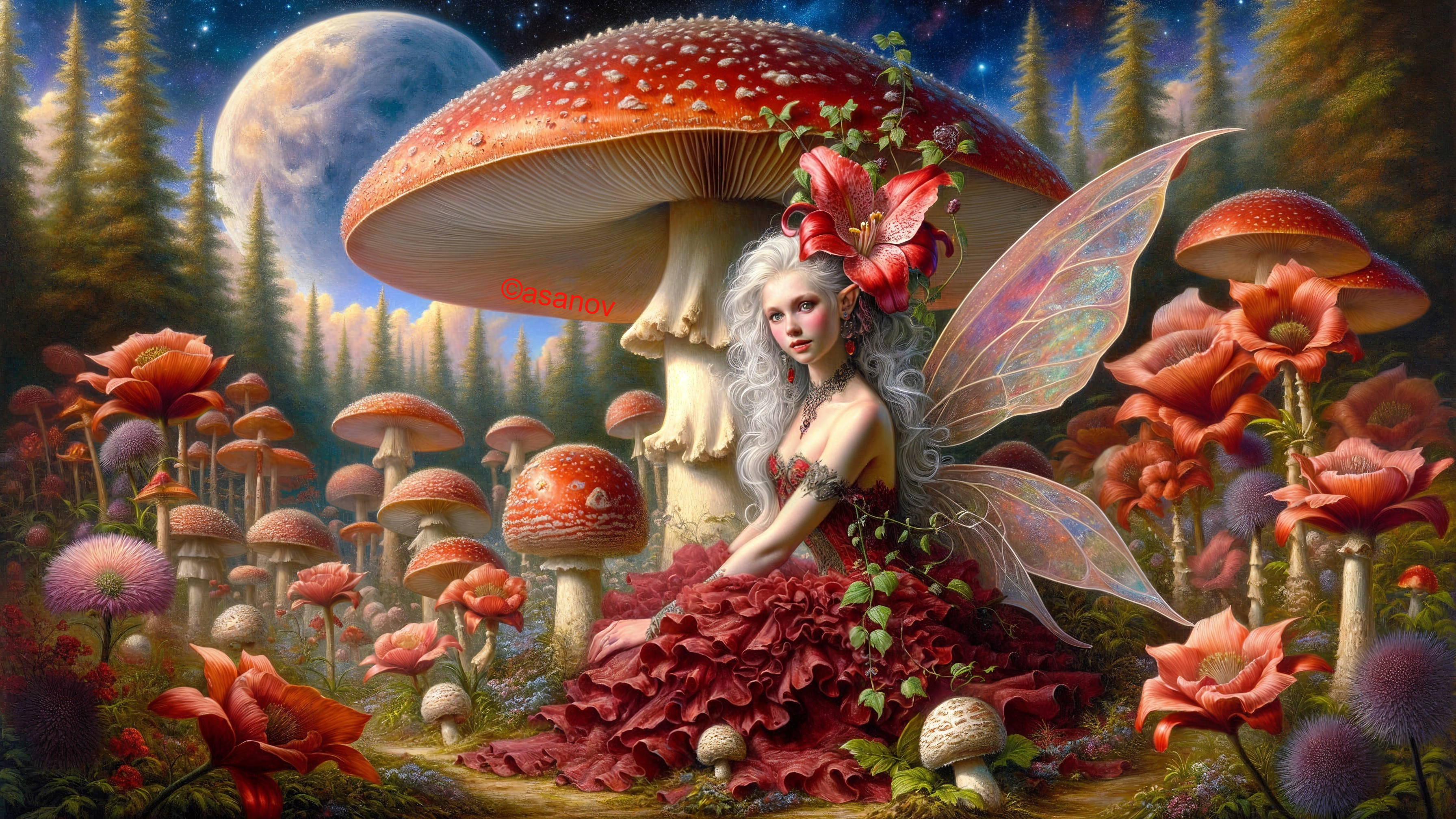 Fairy in Red Gown Amidst Vibrant Forest Scene