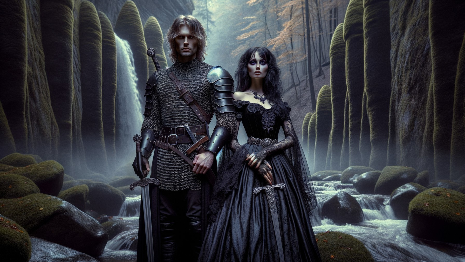 Knight and Woman in Mystical Forest Setting