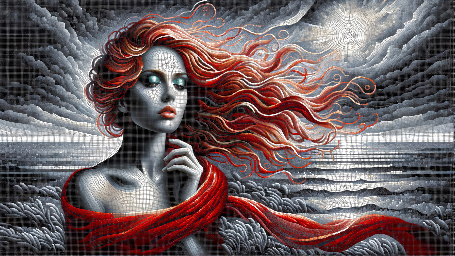 Portrait of a Woman with Red Hair and Dramatic Sky
