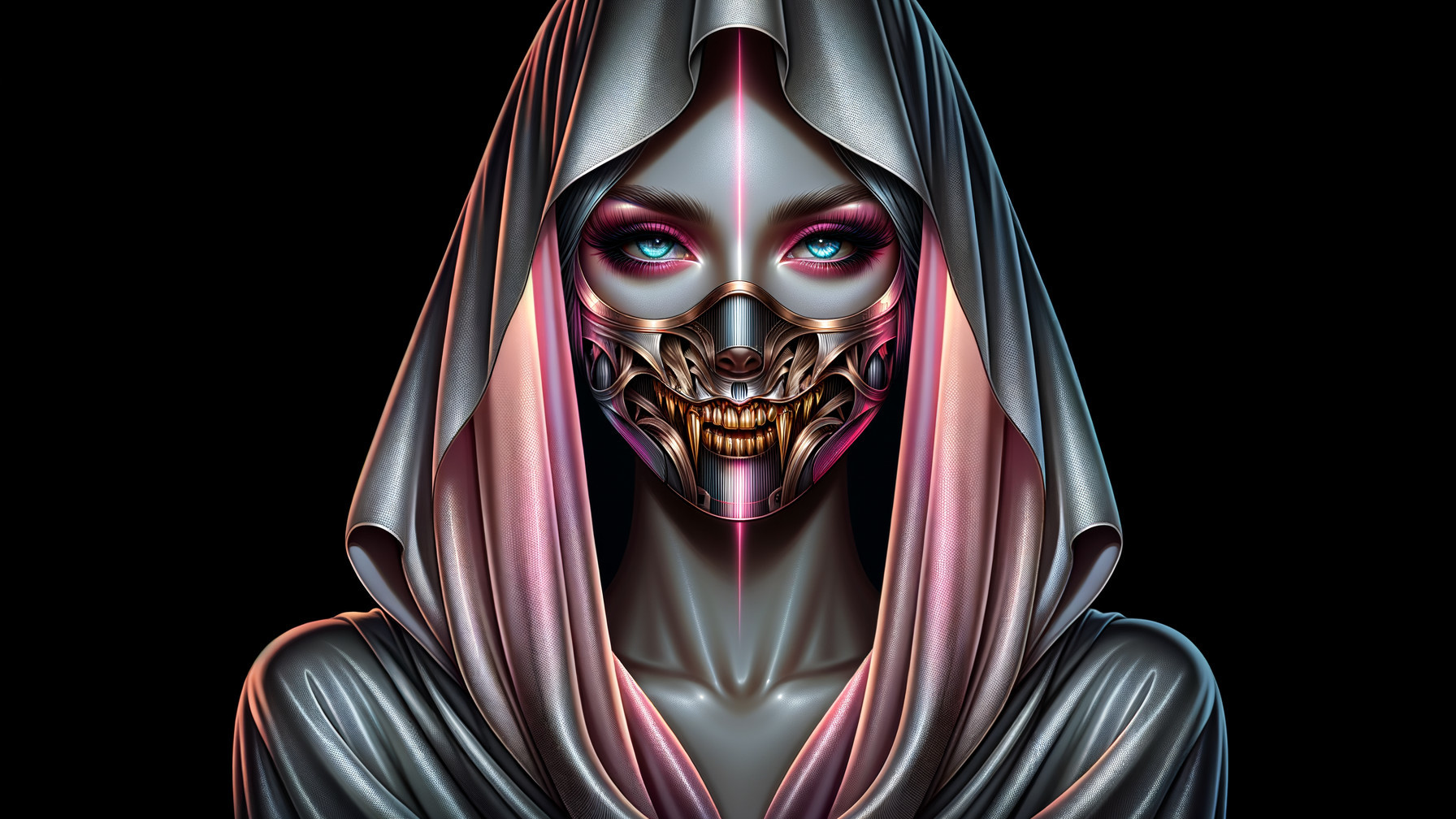 Futuristic figure with metallic hood and intricate mask