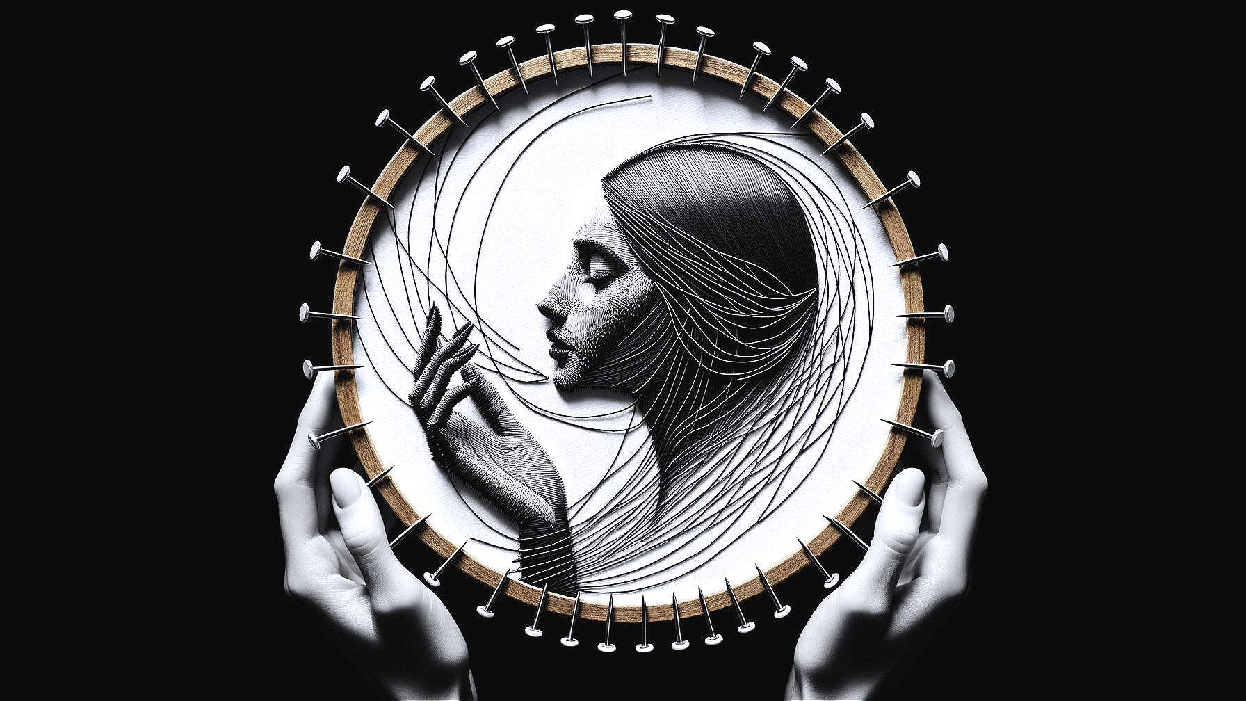 Thread Embroidery of a Woman's Profile in Hoop