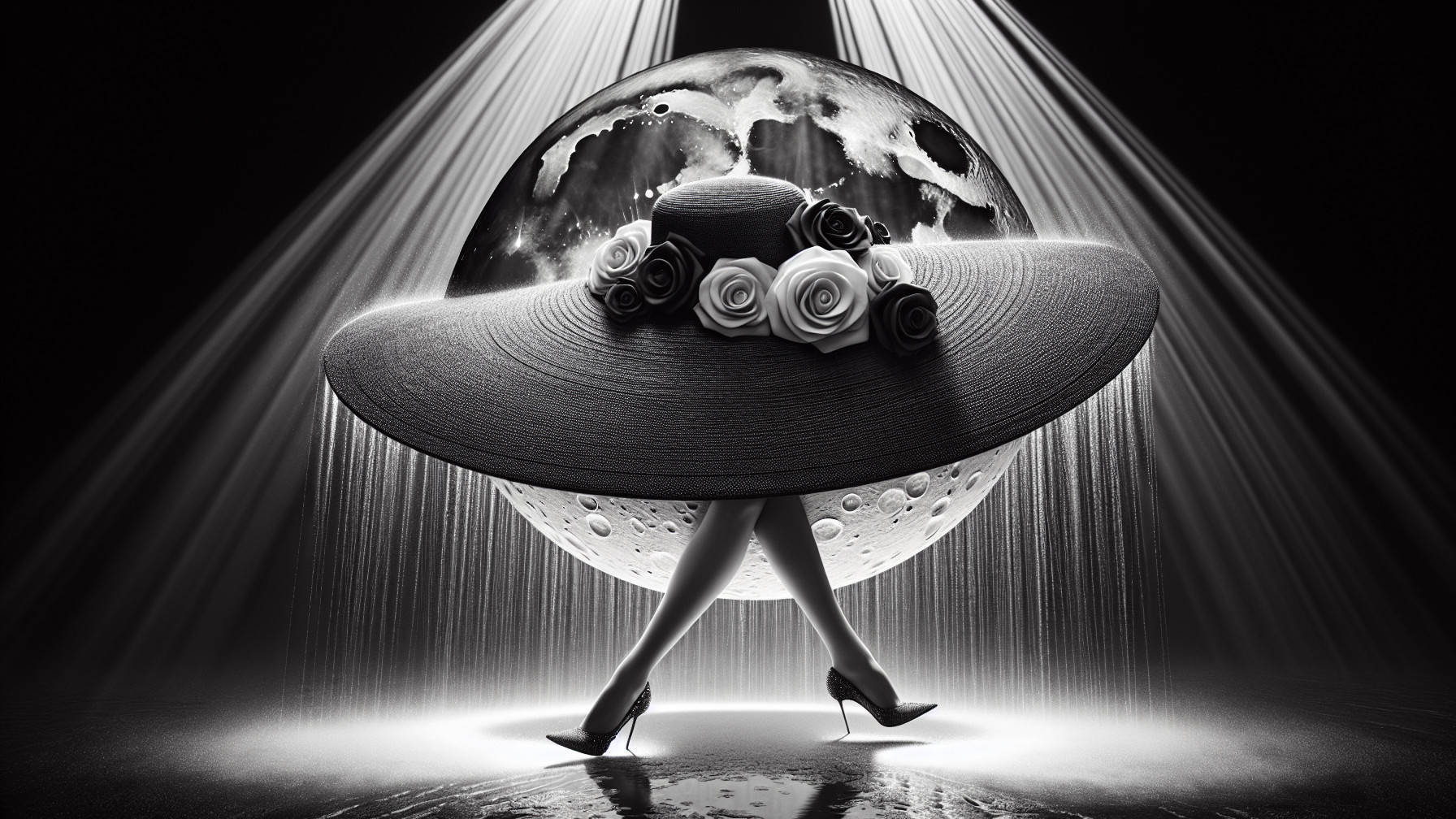 Surreal Scene of Figure with Oversized Hat and Moon