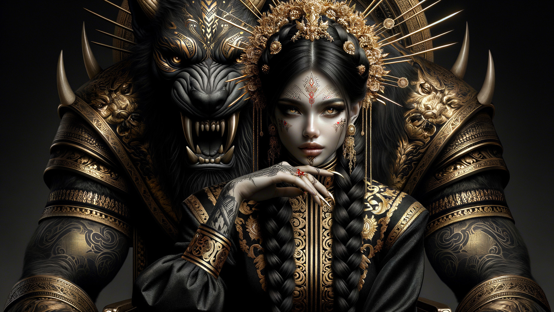 Woman in Gold Attire with Armored Beast Background