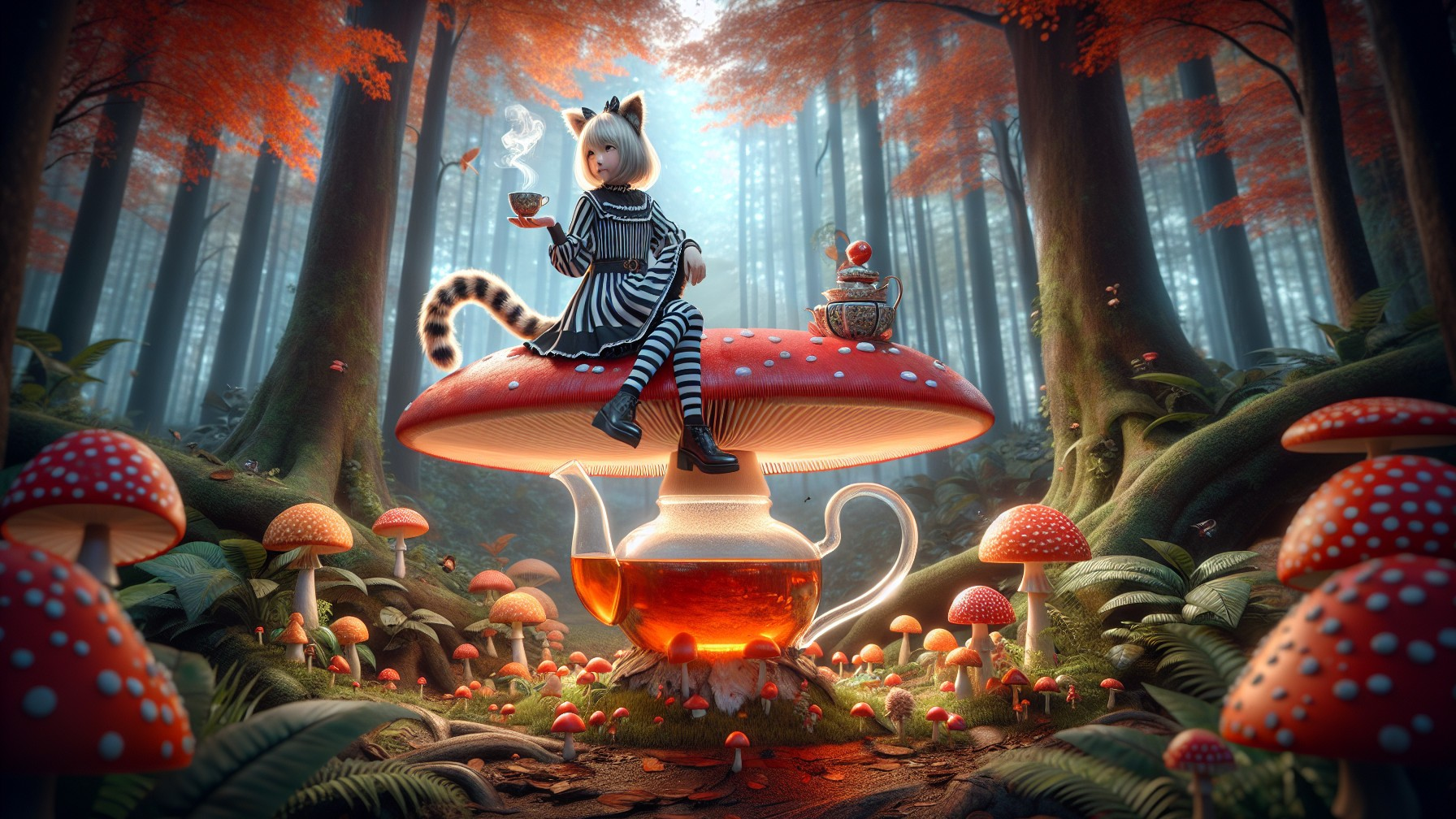 Whimsical Forest Scene with Cat-Eared Girl and Mushrooms