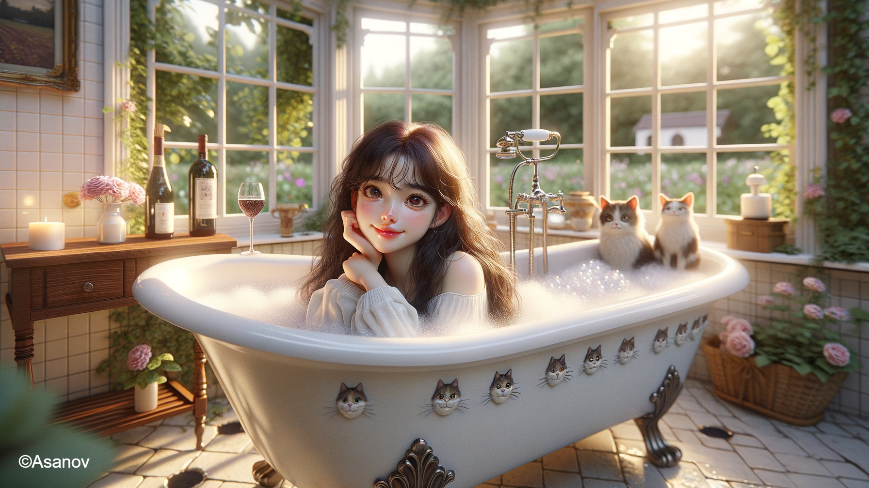 Tranquil Bathroom Scene with Cats and Bubbles