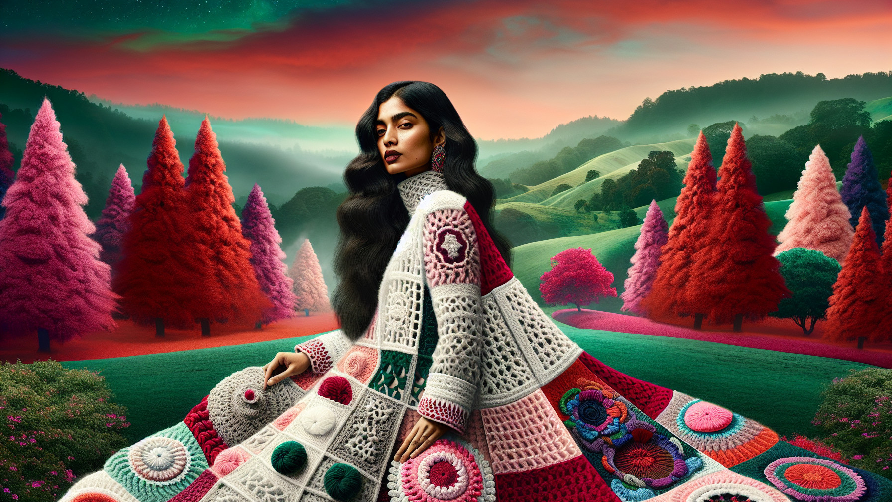 Woman in Crochet Gown in Vibrant Landscape Scene