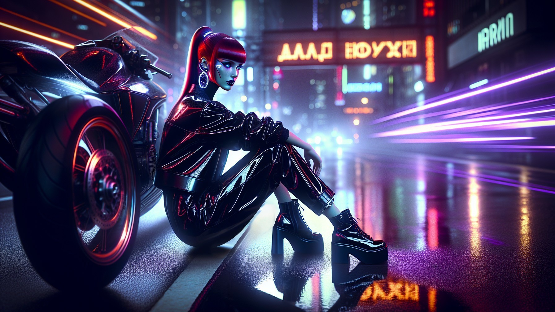 Futuristic cityscape with neon lights and motorcycle