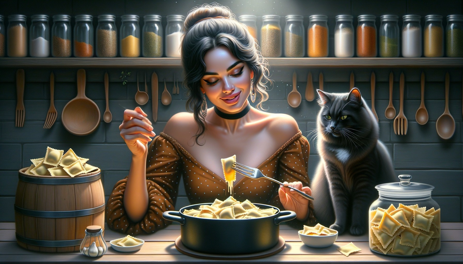 Woman Making Ravioli in a Cozy Kitchen Setting