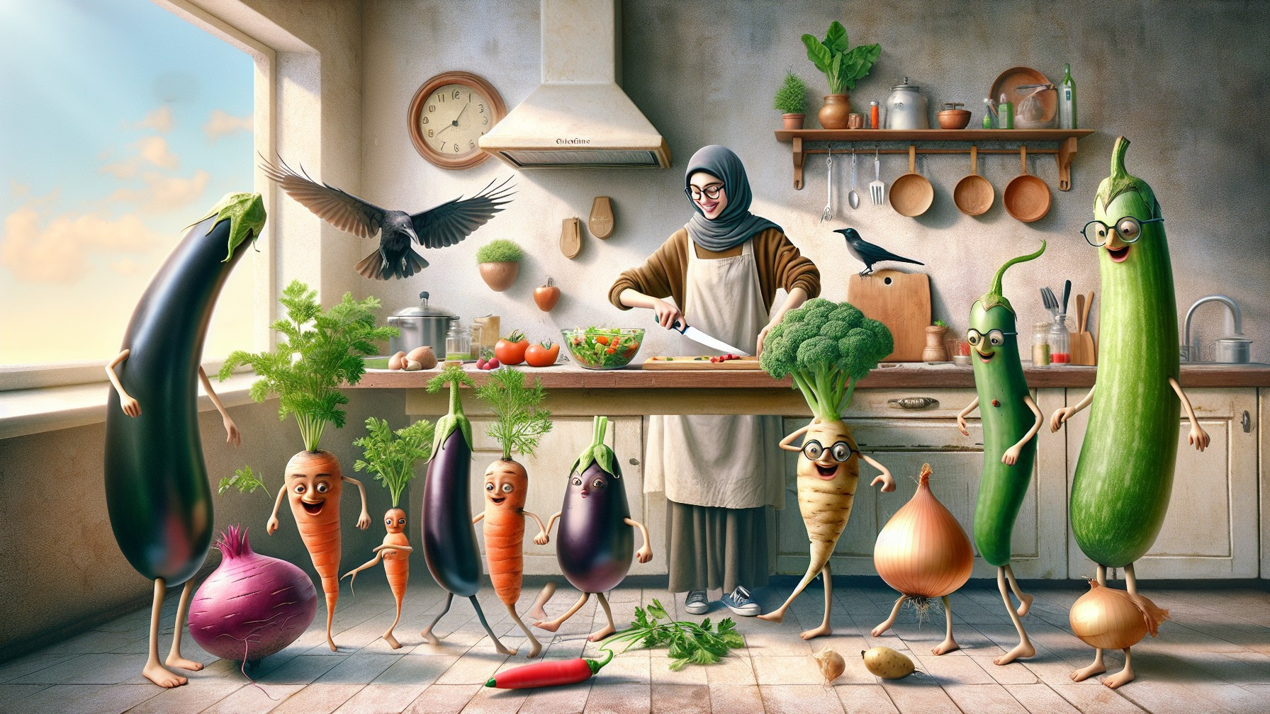 Joyful Meal Preparation in a Sunlit Kitchen