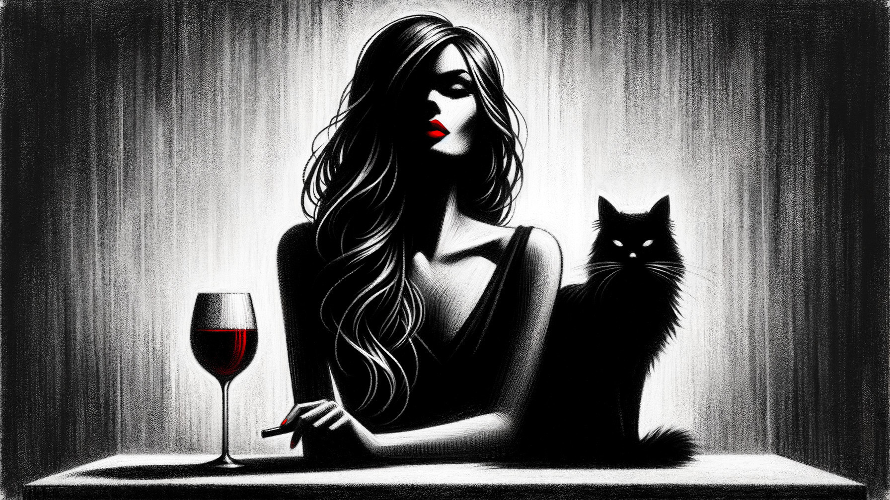 Sophisticated woman with cat in dramatic shadow setting