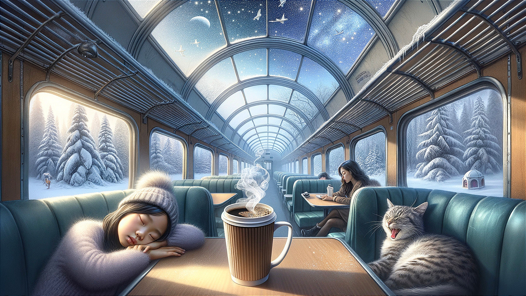 Cozy Train Scene with Sleeping Girl and Winter Landscape
