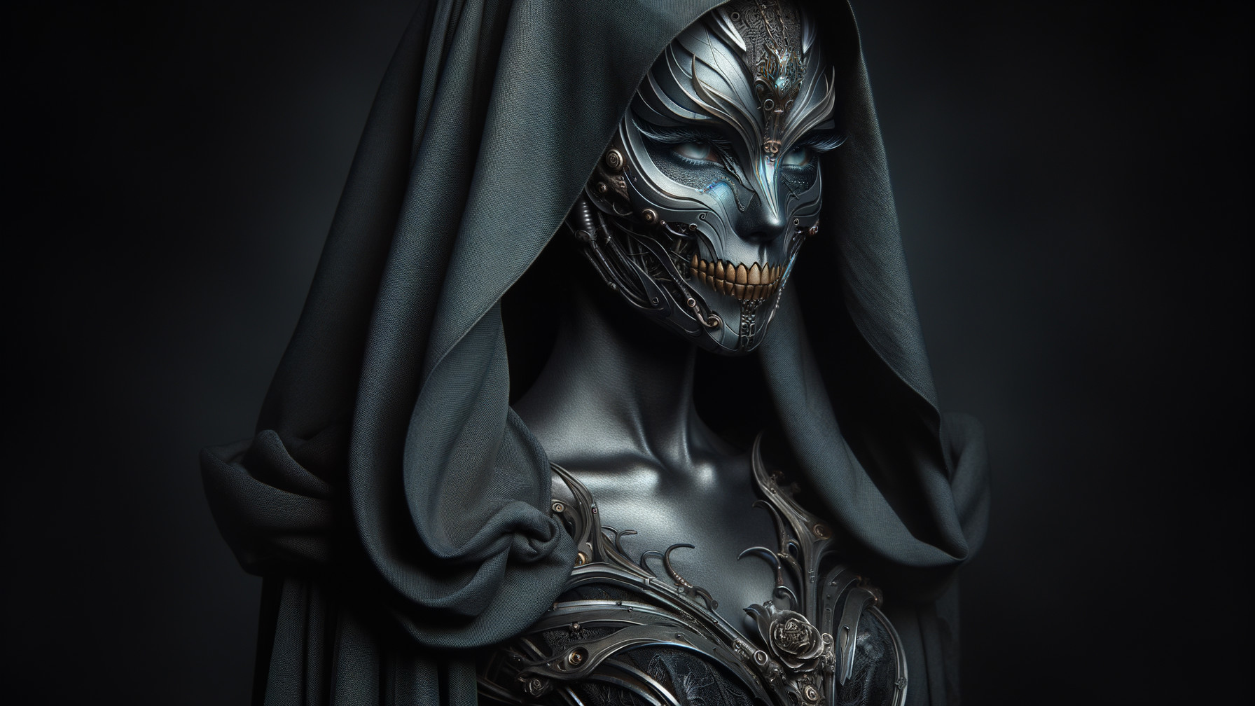 Futuristic humanoid figure with biomechanical features
