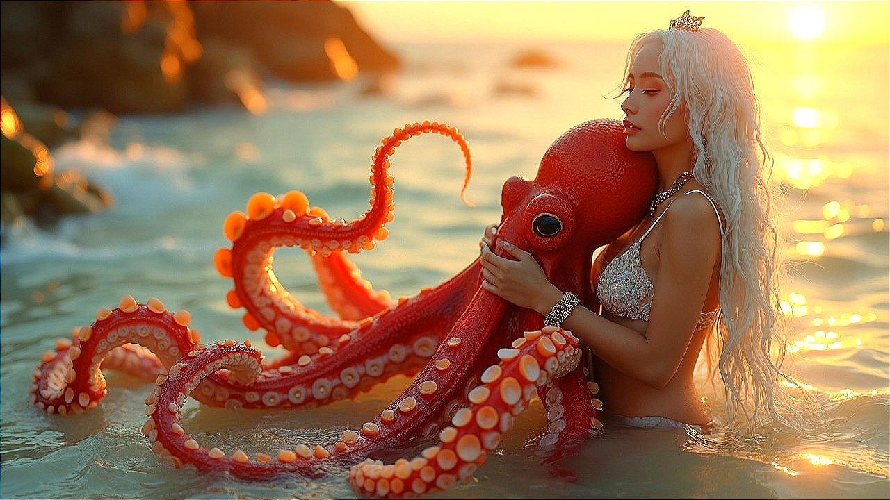 Sunset Scene with Woman and Red Octopus in Water