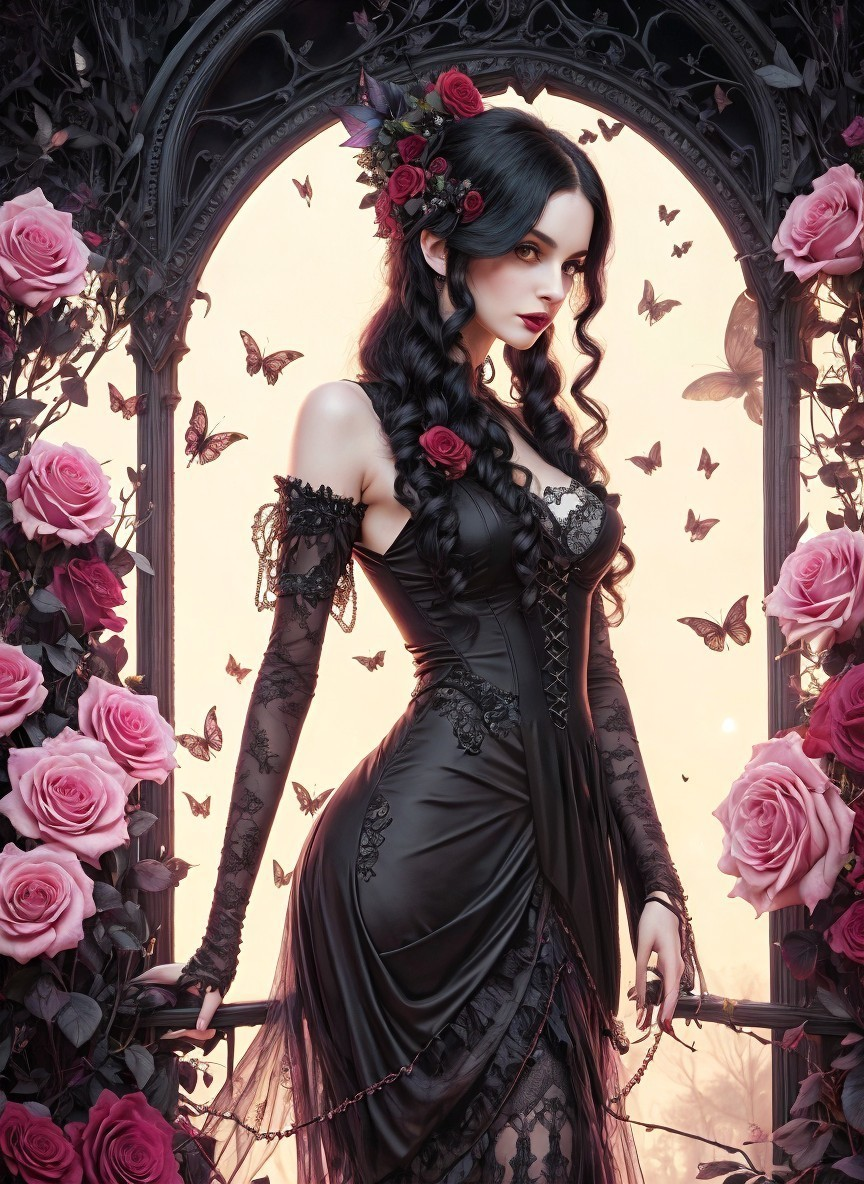 Gothic Woman in Black Dress Surrounded by Roses and Butterflies