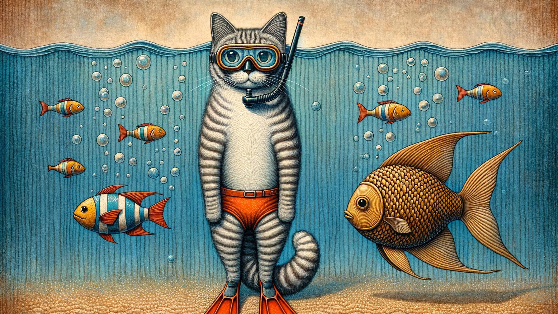 Whimsical Underwater Scene with Striped Cat and Fish
