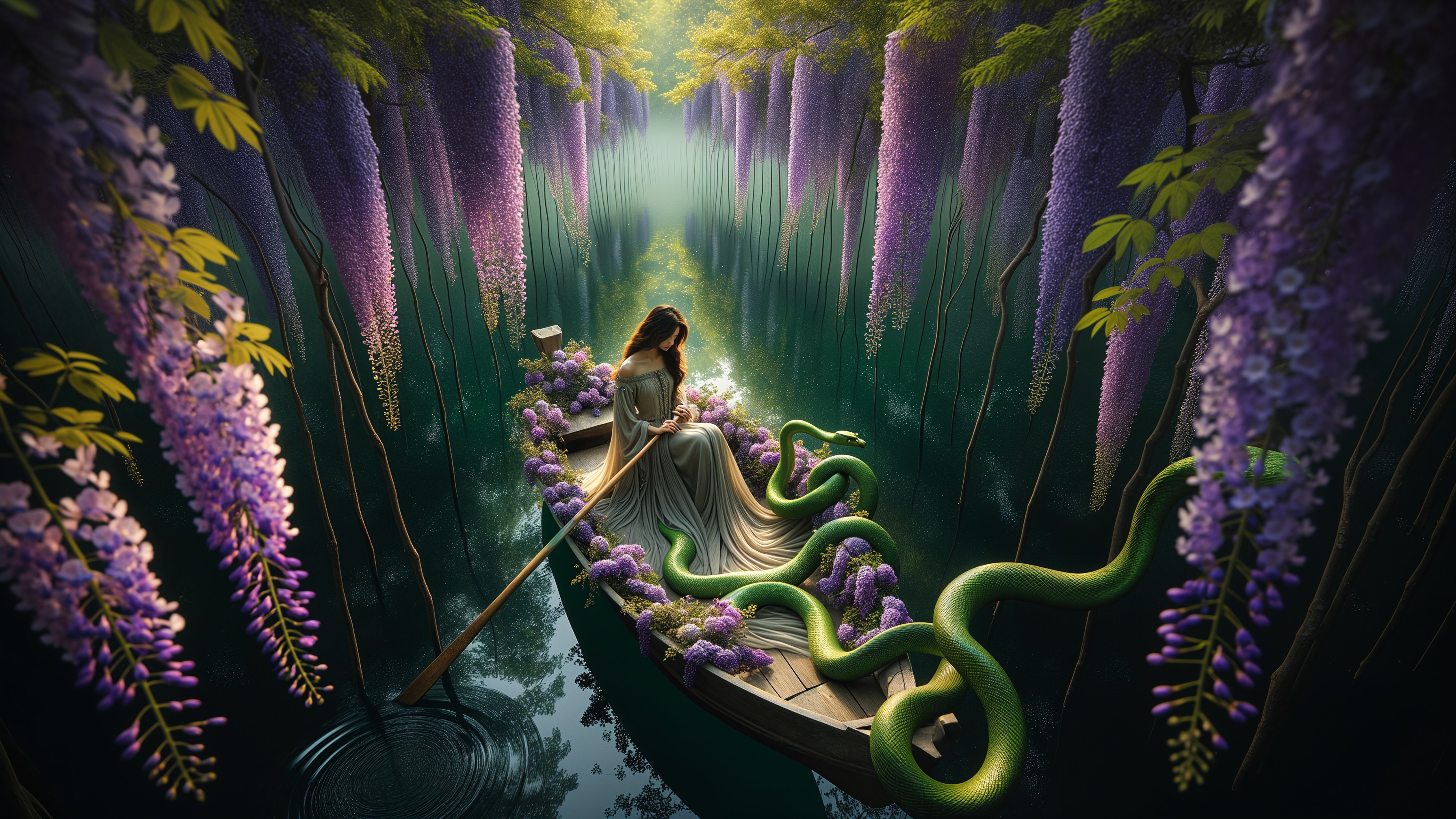 Woman in boat surrounded by wisteria and greenery