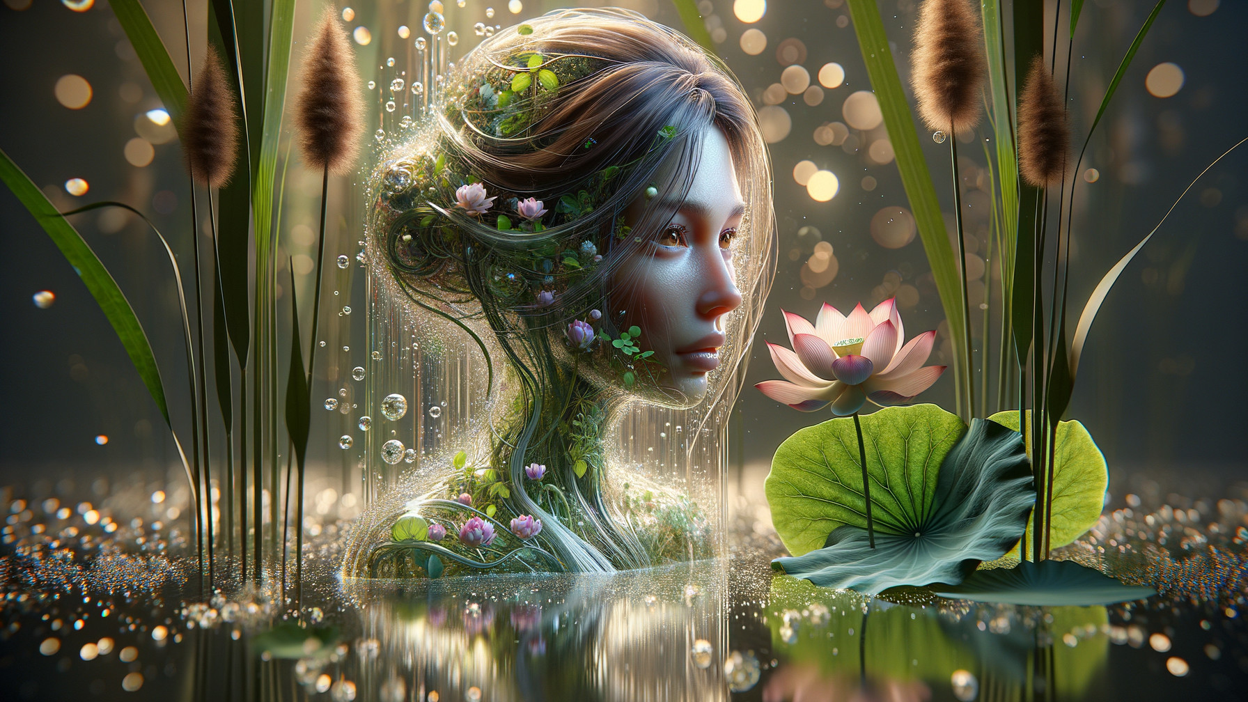 Serene Figure in Tranquil Pond Surrounded by Nature
