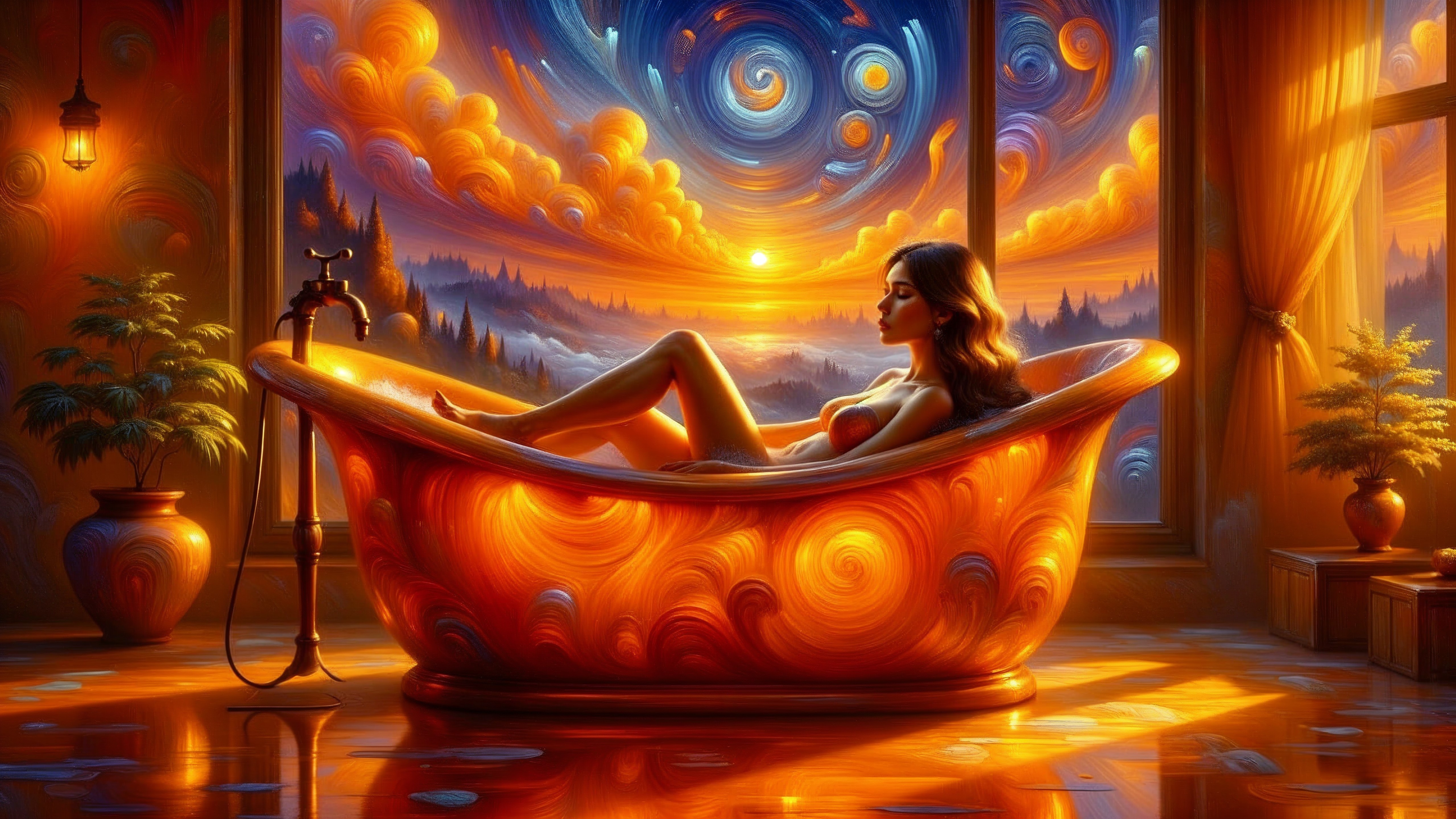 Surreal Bath Scene with Sunset and Cozy Interior