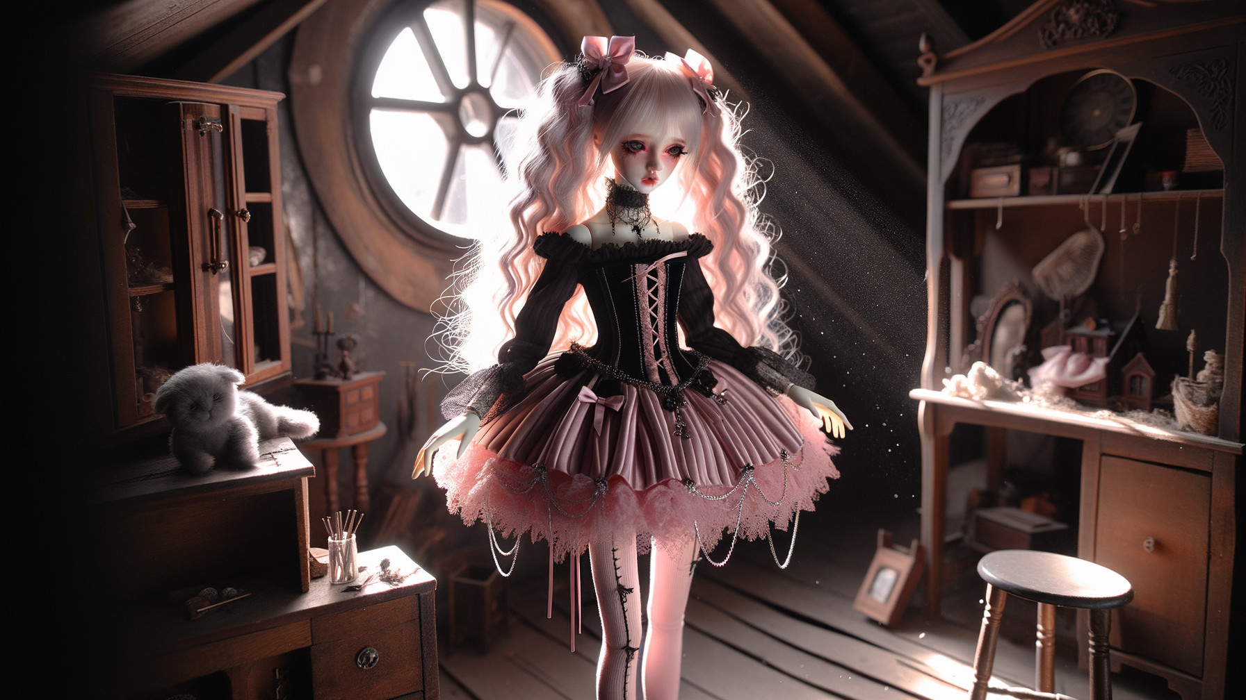 Whimsical Doll in Softly Lit Attic Setting