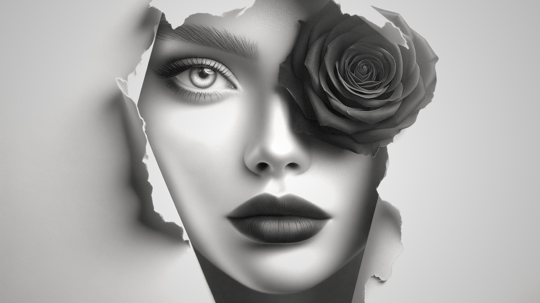 Black and White Portrait of a Woman Behind Torn Wall