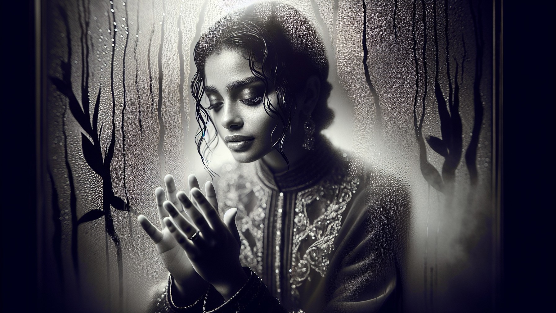 Serene Woman Behind Misty Glass in Embroidered Outfit