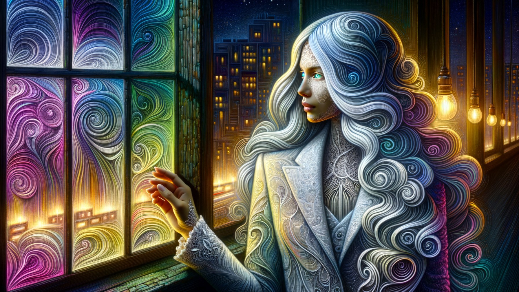 Woman in white suit with silver hair by window